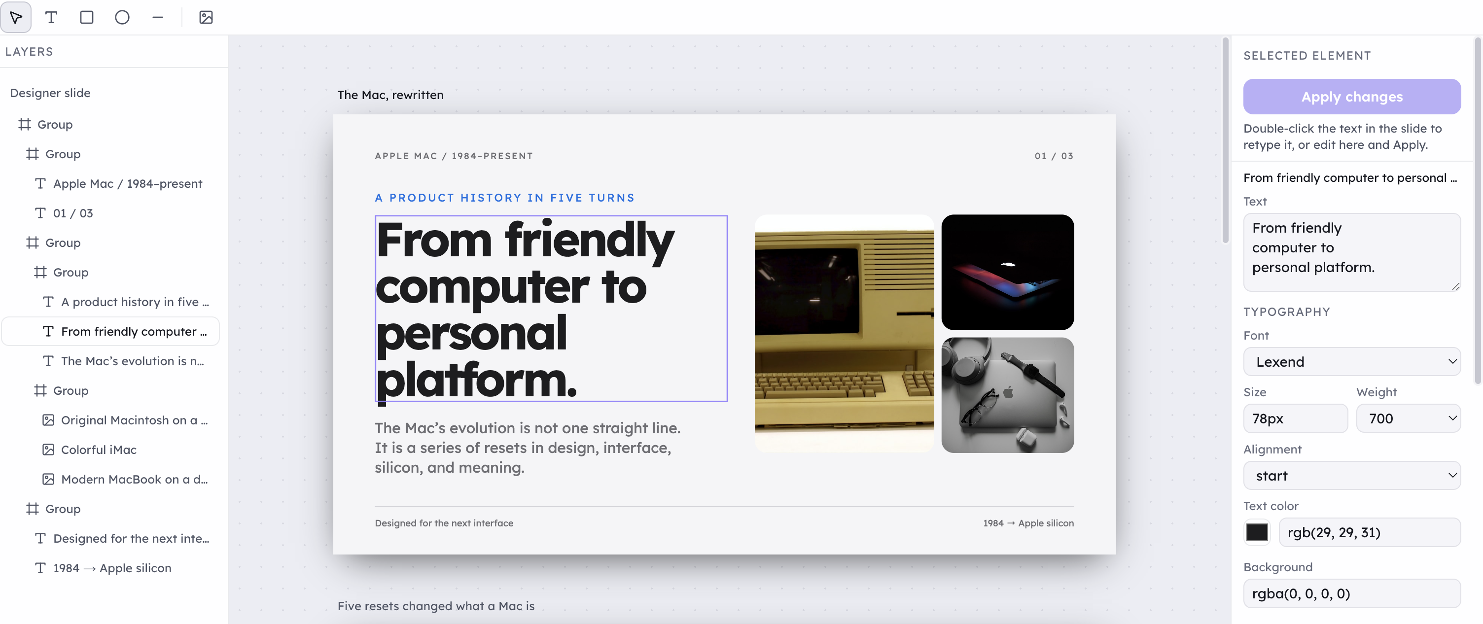 Tertin editor showing a Mac presentation, a layer tree and editable typography controls for selected slide text