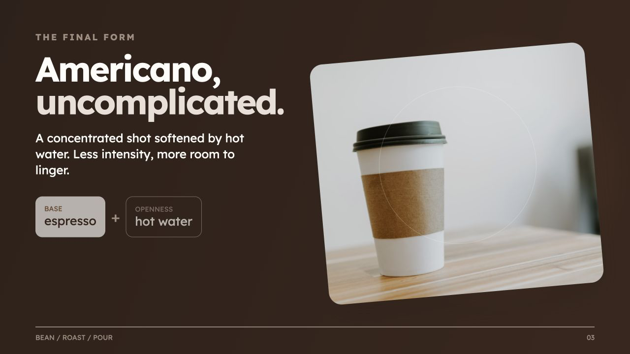 From Bean to Americano, slide 3: Americano, uncomplicated.