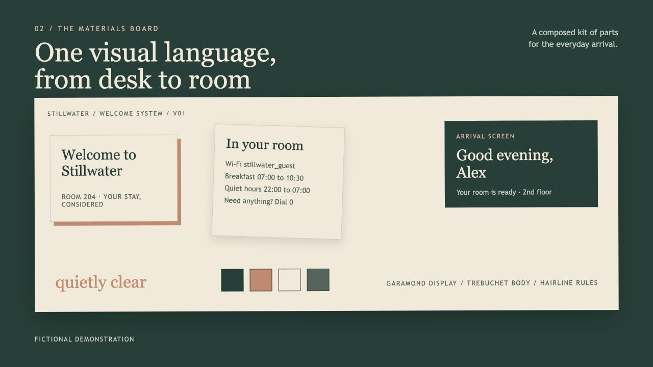 Stillwater Studio: A Better Welcome, slide 3: 02 / THE MATERIALS BOARD