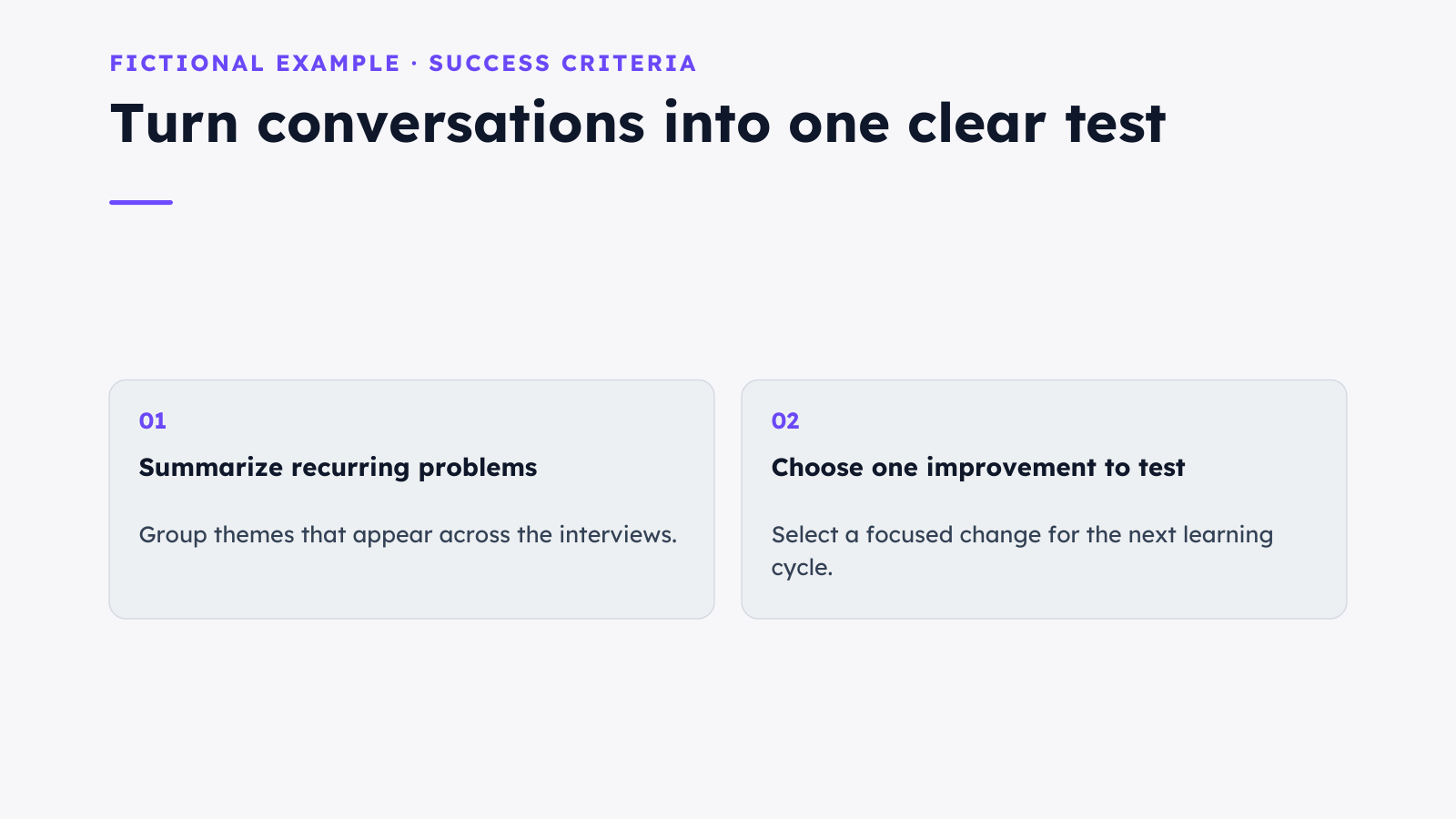 Success criteria slide about identifying recurring problems and choosing one improvement to test